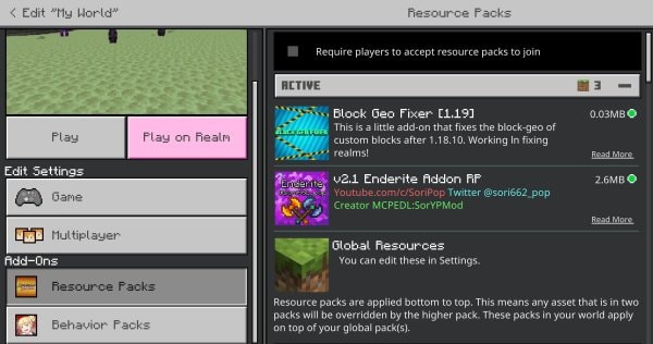 Block Geo Fixer in Resource Packs tab