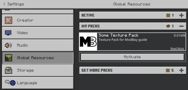 My packs in the Global Resources