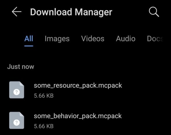 File with mcpack addon on Android