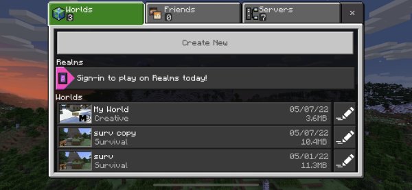 Main Minecraft window with create new world