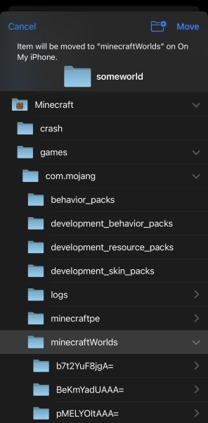 Folder with Minecraft worlds on iOS