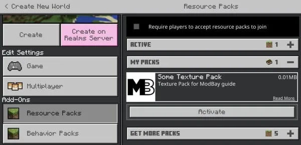 Resource packs tab on Android