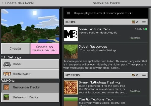 Activated texture pack in world on Windows