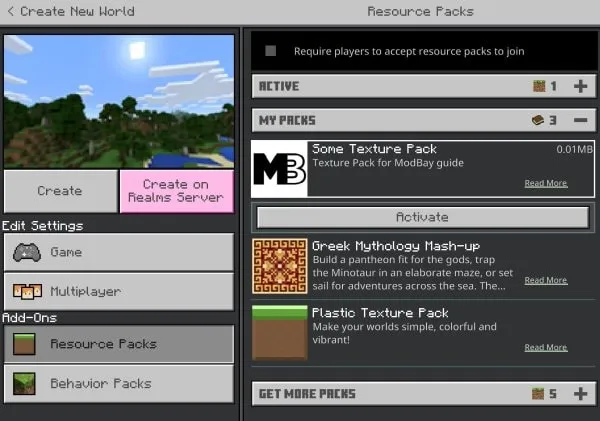 Resource Packs tab on Windows