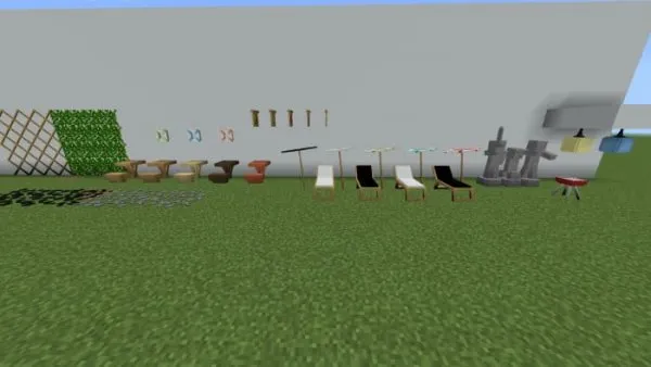 Deck chairs, baloon lamps and other decorations for garden.