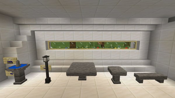 Fountain, street light, stone table, and stone bench preview.