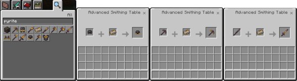 Pyrite armor, tools and weapons recipe craft.