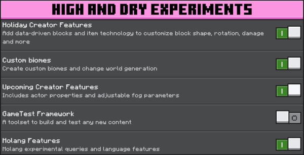 Required experiments for High and Dry addon