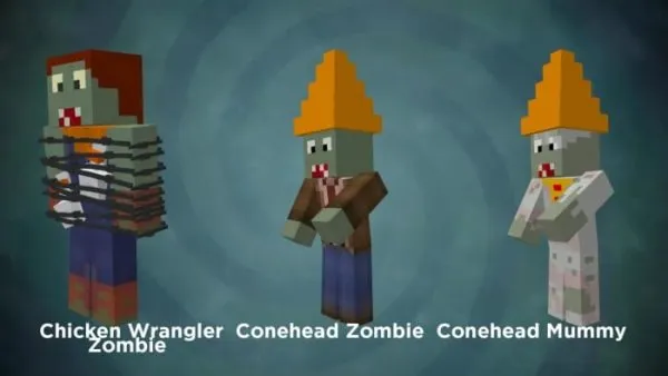 Chicken Wrangler, Conehead and Mummy zombies