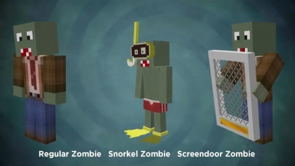 Regular Zombie, Snorkel Zombie and Screendoor Zombie