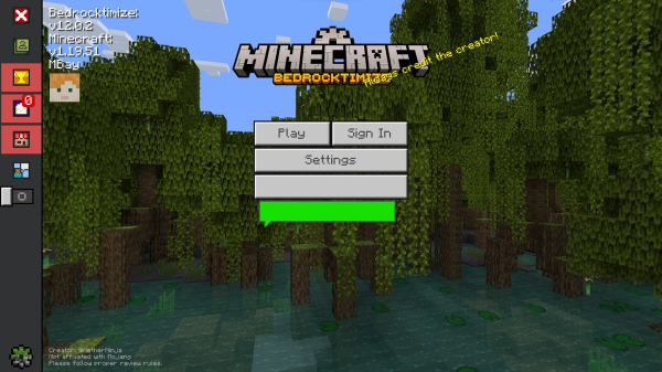 Main game screen with Bedrocktimize addon