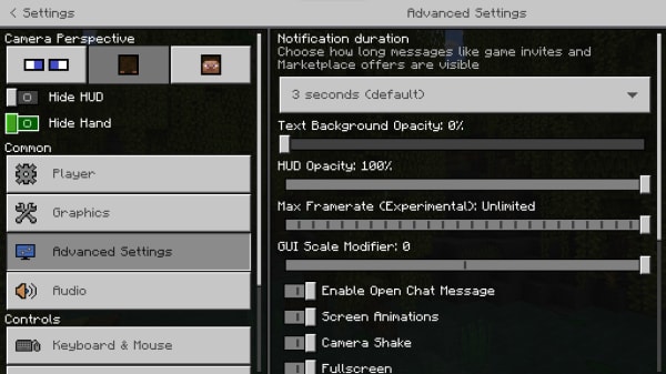 Advanced Settings section in Bedrocktimize addon