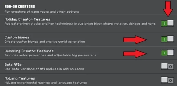 Required experiments for Minecraft Battlegrounds addon