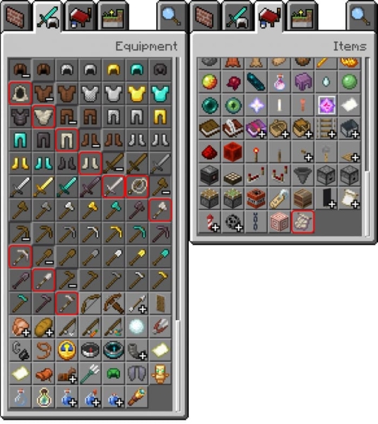 Phantom Armor, Tools & Whip in the Inventory