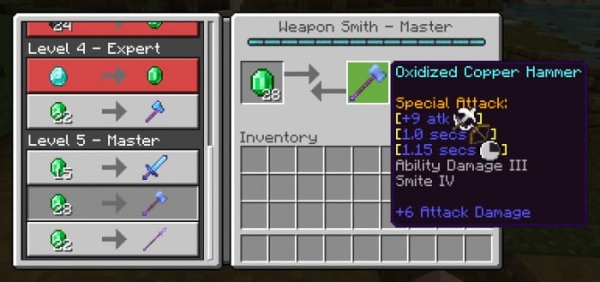 Ability Damage Enchantment on Copper Hammer in Weapon Smith villager trade