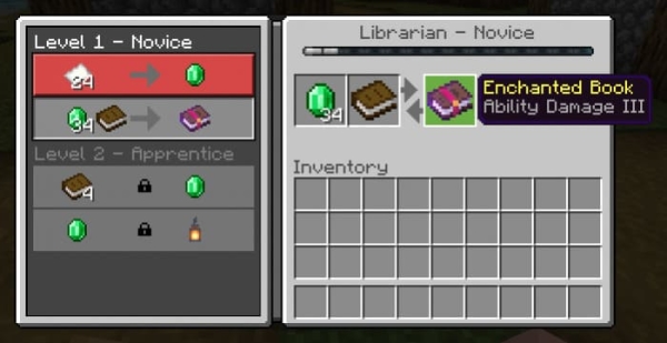 Ability Damage Enchantment on Enchanted Book in Librarian villager trade