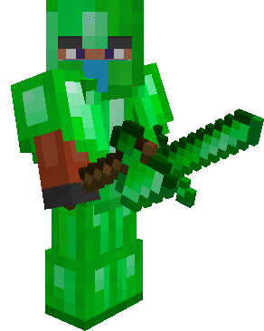 Equipped Emerald Armor with Axe and Sword
