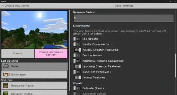 Required experimental options.