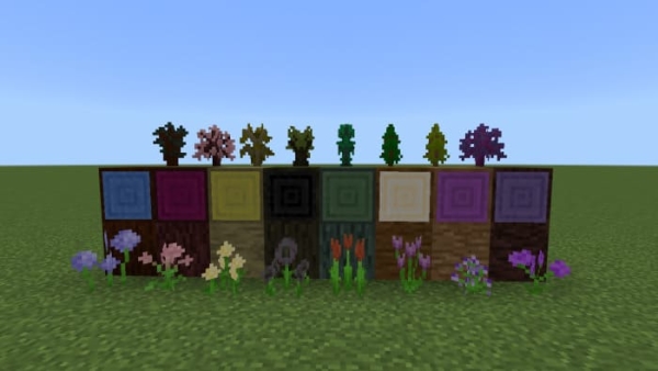 Log blocks, flowers and saplings