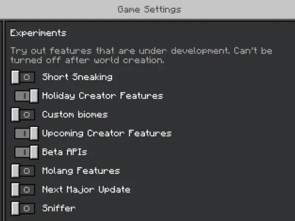 Required experiments for Custom Op Villagers addon