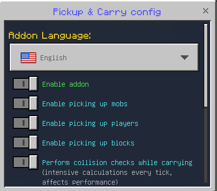 Pick up & Carry config menu