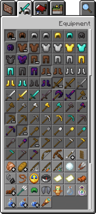 Glowing Obsidian Equipment, Armor and Tools in the Inventory