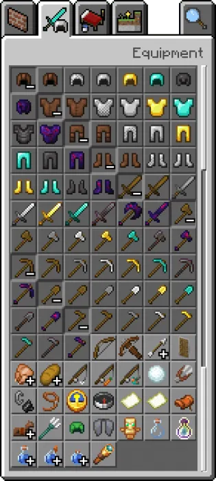 Glowing Obsidian Equipment, Armor and Tools in the Inventory