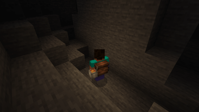 Player with Backpack with Lava Bucket in the Cave