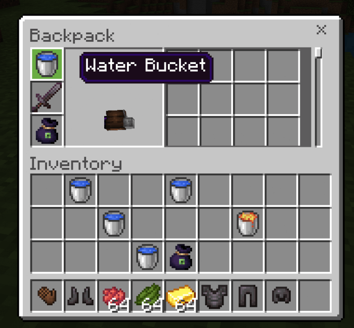 Water Bucket in the Primary Backpack Slot
