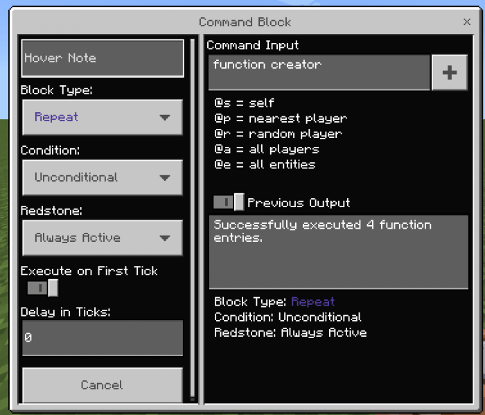 Command Block with "function creator" Command