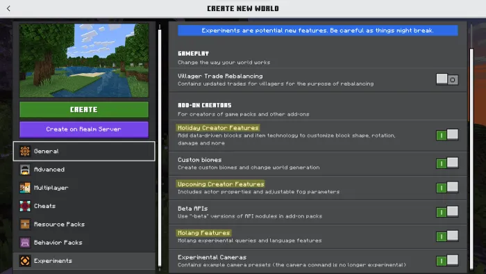 Required Experimental Toggles