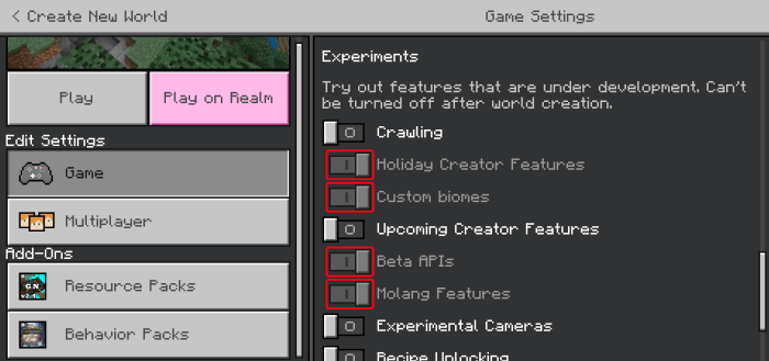 Required Experiments for the Minecraft Fortify Addon