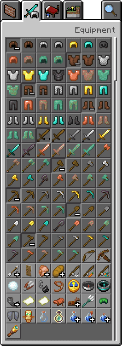 Copper Equipment, Armor and Tools in the Inventory