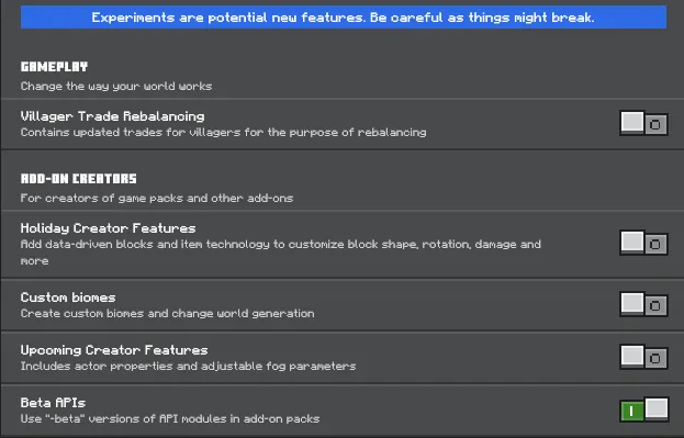 Required Experiments for AppleSkin Bedrock Addon