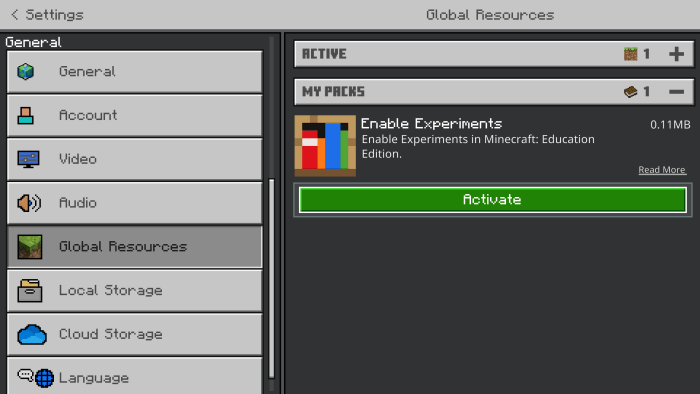 Enable Experiments on Minecraft Education: Enabling Pack