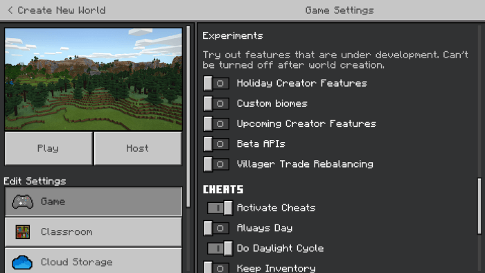 Required Experiments for Enable Experiments on Minecraft Education Pack