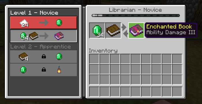 Ability Damage Enchantment on Enchanted Book in Librarian villager trade