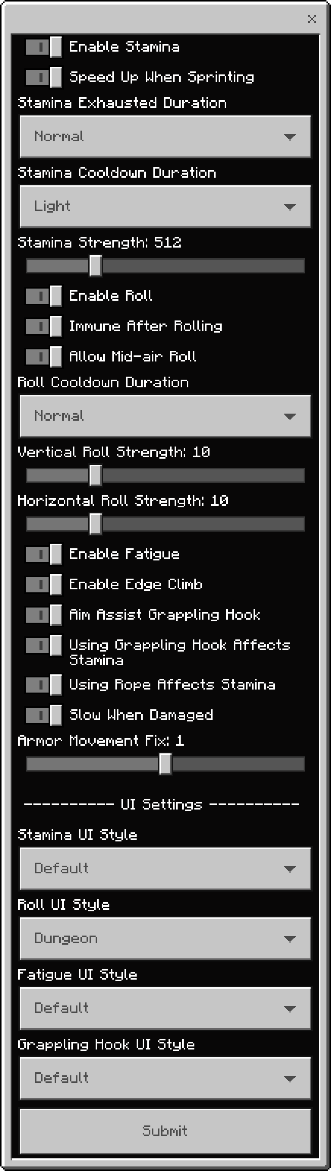 Roll and Stamina: Configuration