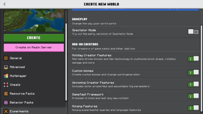 Required Experiments for The Far Lands Add-on