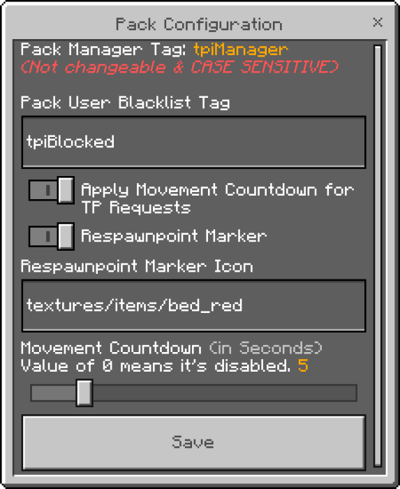 Pack Configuration Menu