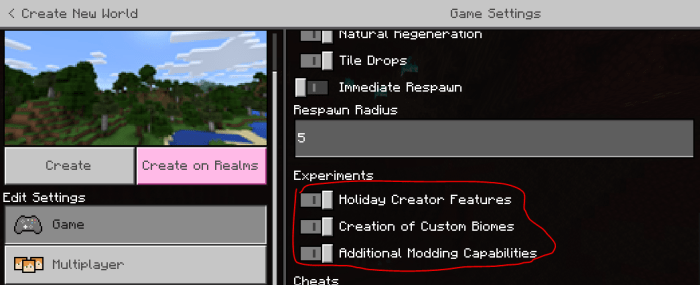 Required Experiments for Prismarine Addon