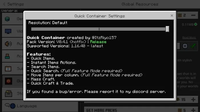 Quick Container Settings: Screenshot 1