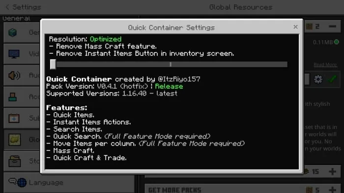 Quick Container Settings: Screenshot 2