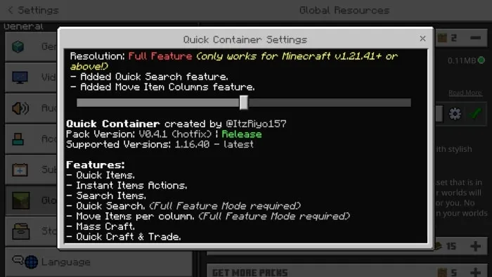 Quick Container Settings: Screenshot 3