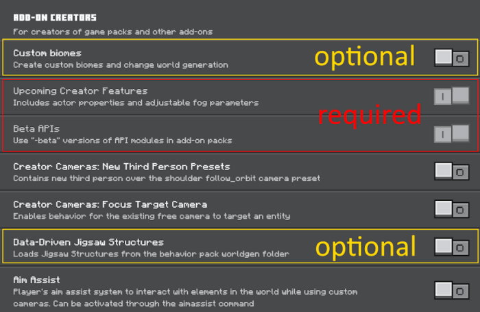 Required Experiments for Expansive Biomes Addon