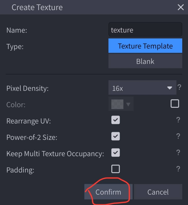 Create Texture Confirm Button