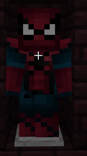 Blocky Spider-Man suit on display stand