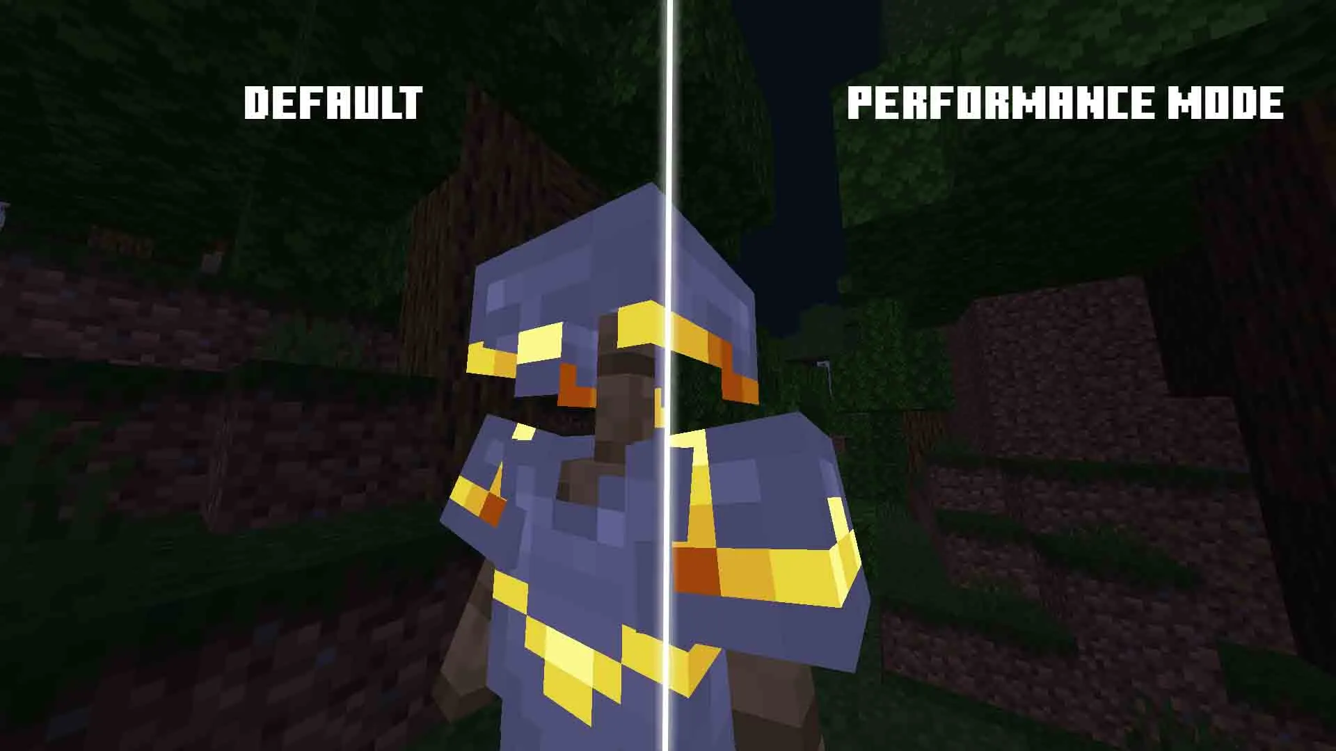 Armor trims glowing in dark forest.