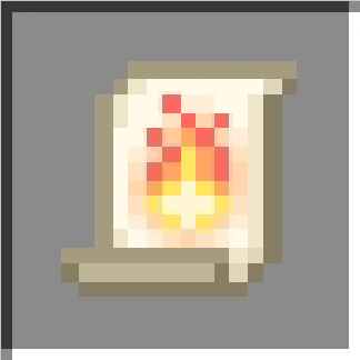 Scroll with fire symbol pixel art.