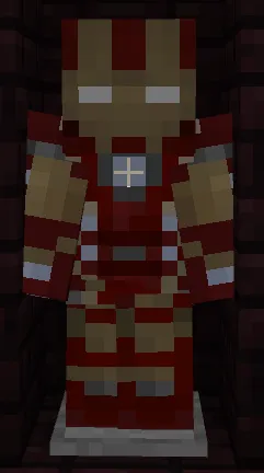 Blocky Iron Man armor on display stand
